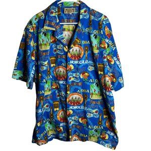 Vintage E & K Hawaiian Shirt Luau Aloha Blue Men's 2XL Camp Button Front